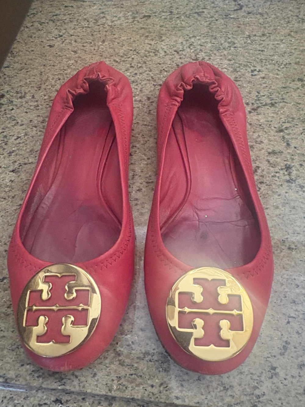 Tory Burch Red Leather Logo Ballet Flats with Gold Medallions